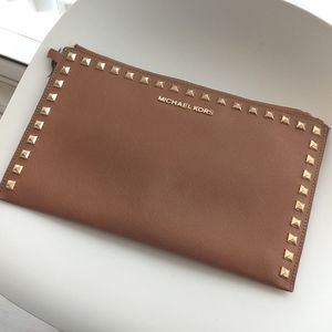 Michael Kors saffiano studded leather zip clutch